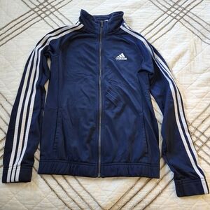 Adidas Men's Dark Blue Jacket with White Stripes